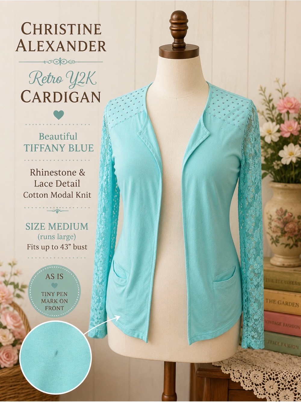 Christine Alexander - Y2K- Tiffany Blue Lace Sleeve Cardigan w/ Rhinestones